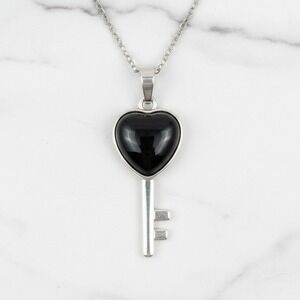 Heart Key Necklace Silver Tone Black Obsidian Stone Pendant Jewelry Gift for Her